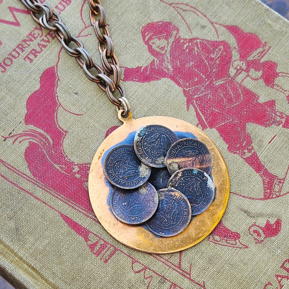 Vintage South Africa 1957 1/4 Penny Coin Pendant Necklace Copper Tone Handmade